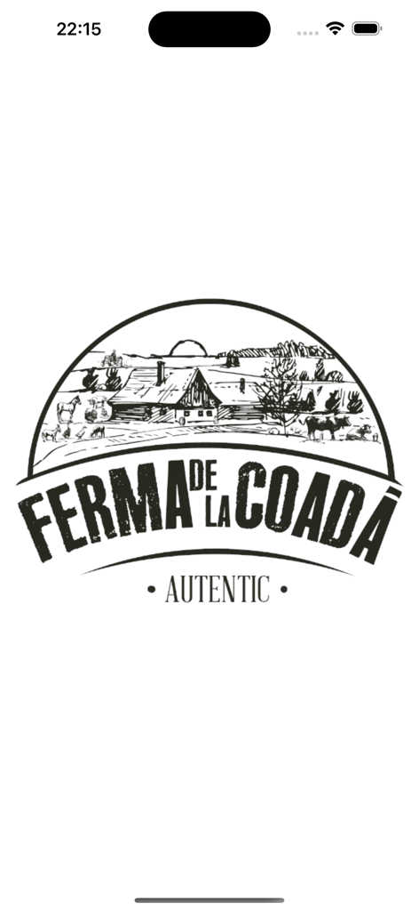 Ferma de la Coada - Ferma de la Coada restaurant app splash screen featuring a rustic farm house and animal illustration logo on a white background