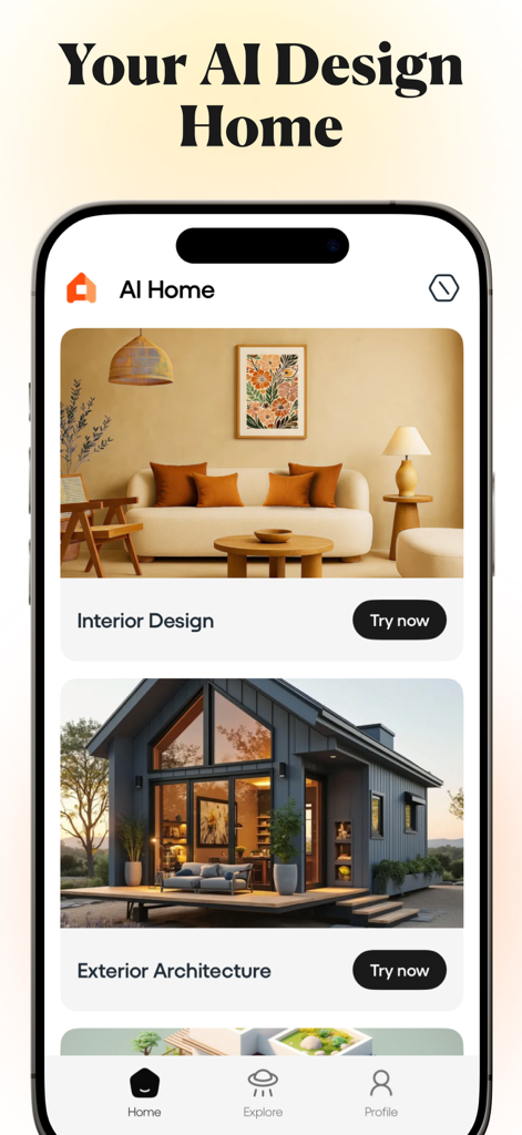 Tela inicial do aplicativo móvel NestAI mostrando categorias de design de interiores e arquitetura exterior
