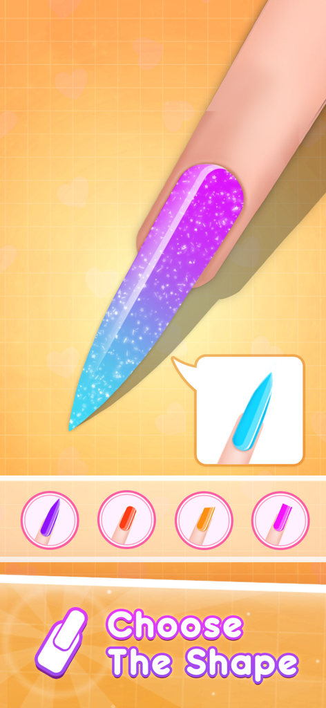 Girls Nail Salon - Nail Games - A mobile game screen showing a long sparkly purple and blue nail being filed with the text Choose The Shape and various nail style options below