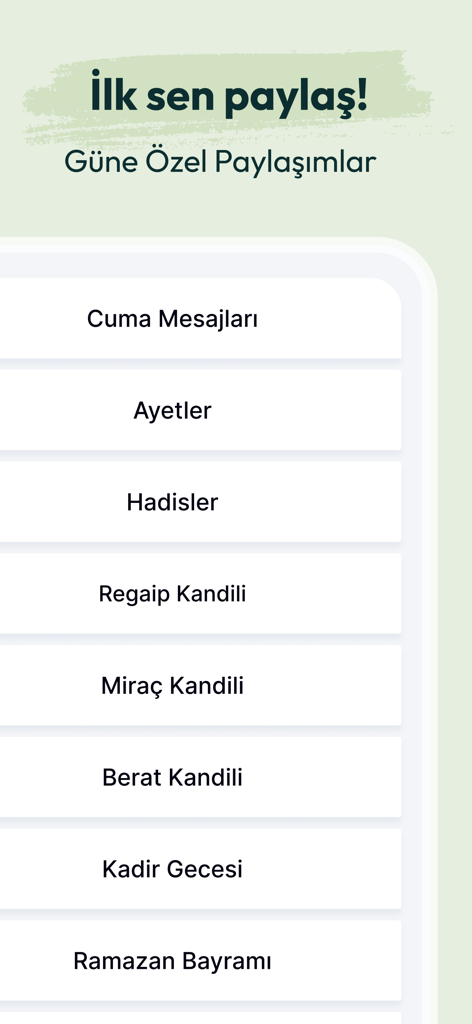 Oberfläche mit türkischen Zitatekategorien für Freitagsnachrichten und religiöse Feiertage.