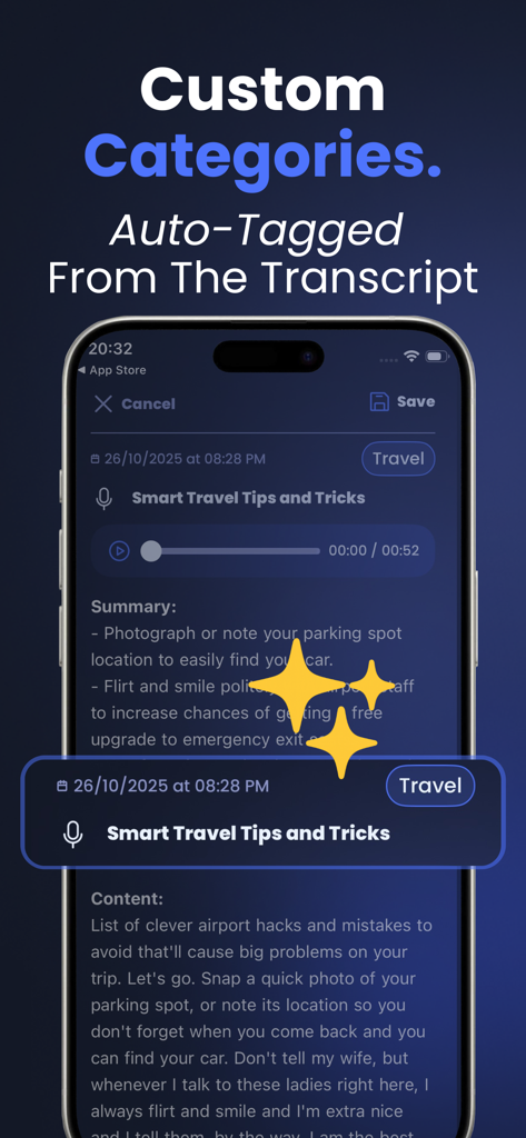 Voice Memo: Braindump - Interface of Voice Memo Braindump showing AI auto-tagging and custom categories for a transcribed travel note.
