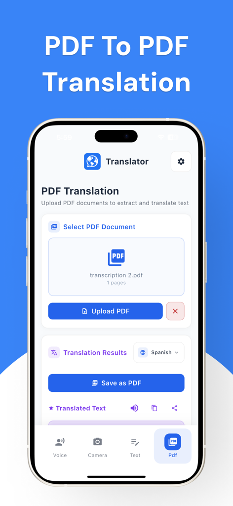 Interface do aplicativo móvel Live Translator mostrando o recurso de tradução de documentos PDF para PDF com seleção de espanhol