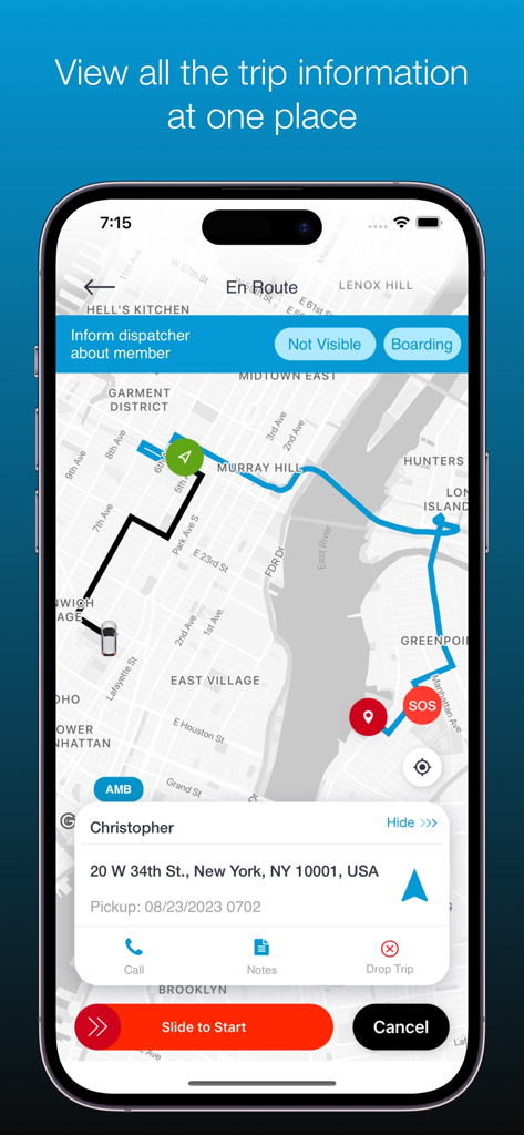 NEMT Max - NEMT Max app screenshot showing a trip route map and patient pickup details on a smartphone.