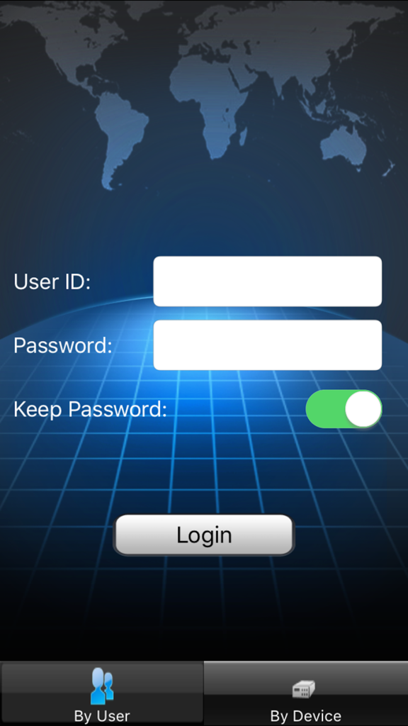 vMEyeCloud - Anmeldebildschirm der vMEyeCloud Mobile Surveillance App mit Feldern für Benutzer-ID und Passwort