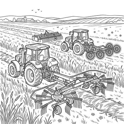 Dive into the agricultural world with this engaging coloring page featuring powerful hay rakes and tedders. Perfect for enthusiasts of farm machinery, this design captures the essence of rural life and harvest.