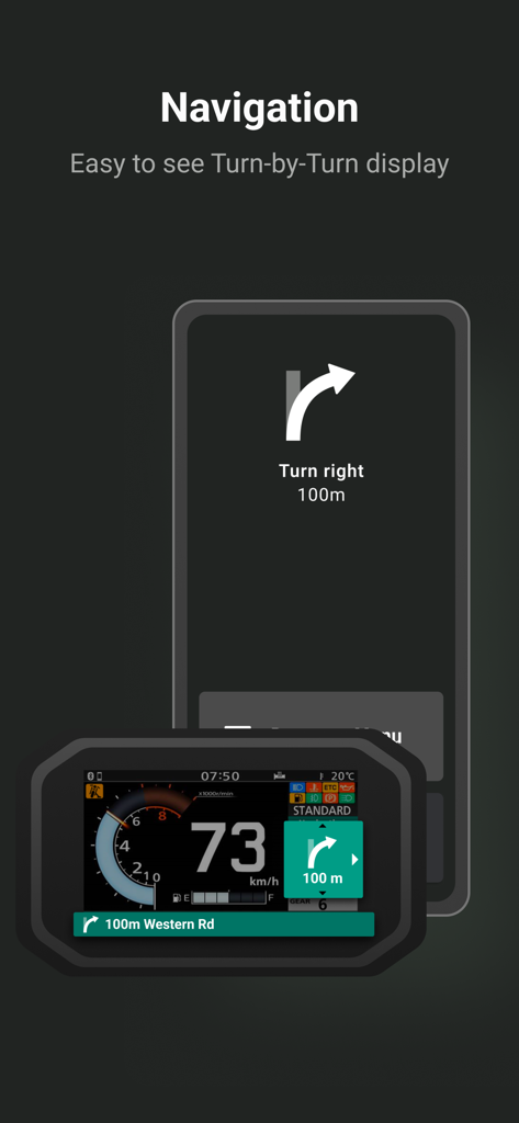 Interfaccia di navigazione Honda RoadSync passo-passo su smartphone e cruscotto della moto.