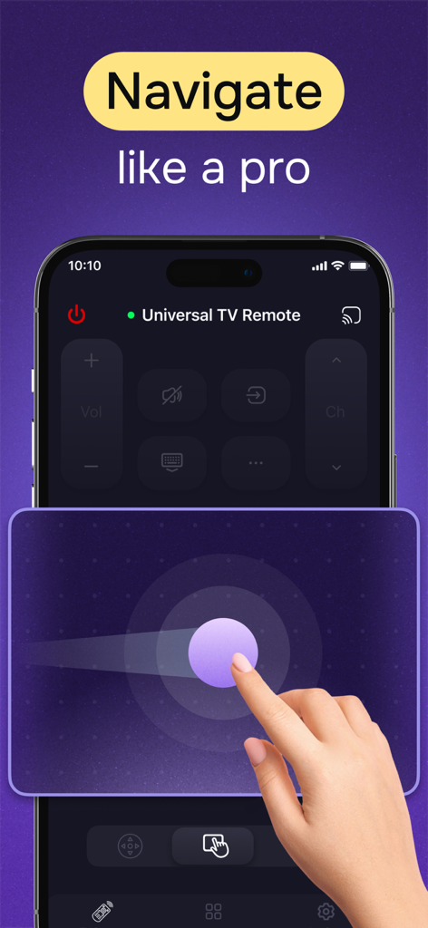 A hand using the touchpad navigation feature on the Flicky Universal TV Remote app on an iPhone