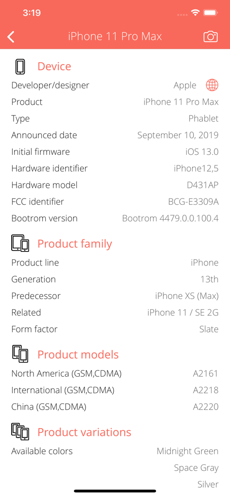 Hotspot Info - Display of detailed technical specifications for iPhone 11 Pro Max in the app