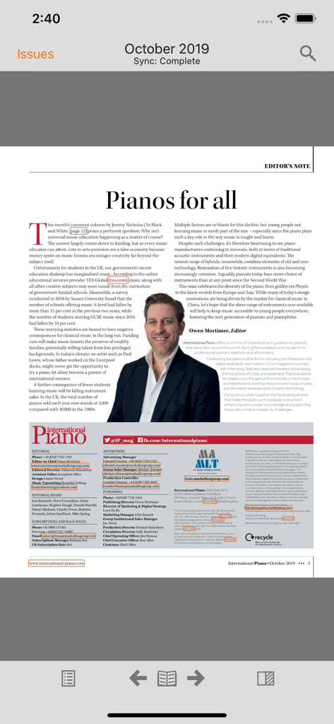 Digital page of International Piano magazine showing an editors note and an article titled Pianos for all.