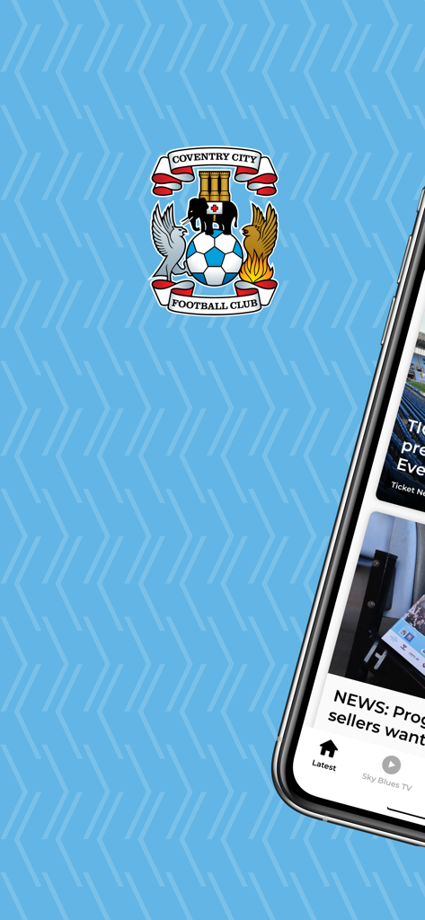 Coventry City FC - コヴェントリー・シティFC公式モバイルアプリ。クラブのエンブレムと青い柄の背景のニュースフィードを表示。