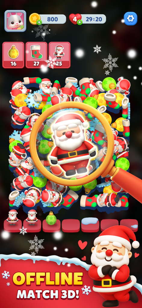 Toy Match 3D: Triple Match - Christmas themed level in Toy Match 3D with Santa Claus figurines and holiday ornaments.