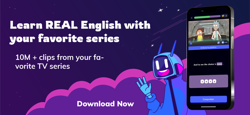 Wordbox English - Wordbox English app interface showing a language lesson with a Rick and Morty TV show clip