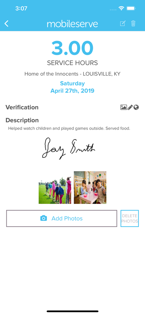 MobileServe App - MobileServe app screen displaying a verified volunteer service entry with 3 hours logged.
