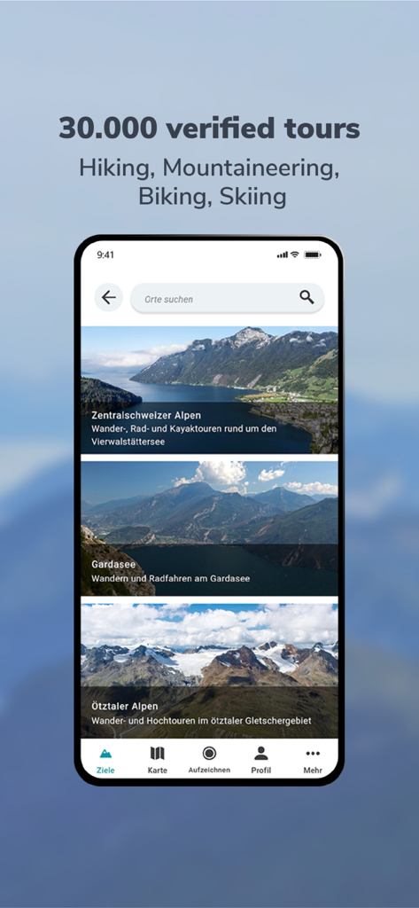 RealityMaps 3D tour planner - A smartphone screen displaying the RealityMaps 3D app with a selection of verified hiking and mountaineering tours in the Alps