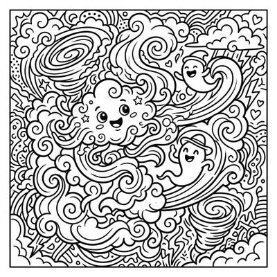 Unleash your imagination with this unique Pop Art coloring page, featuring friendly clouds, playful ghosts, and dynamic fog swirls. Designed especially for kids, it offers bold lines and engaging details for hours of creative fun.