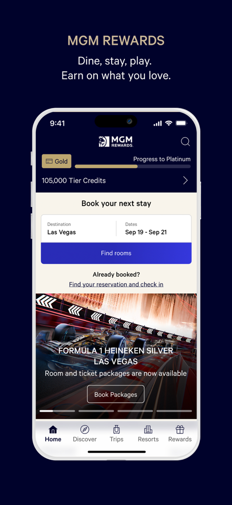 MGM Rewards - L'écran d'accueil de l'application MGM Rewards affiche la progression du statut Gold et les options de réservation d'hôtels à Las Vegas.