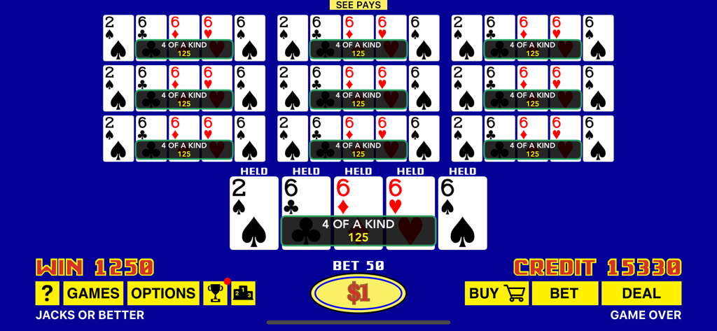 Una captura de pantalla del juego The Classic Video Poker mostrando diez manos de Jacks or Better con un póker ganador