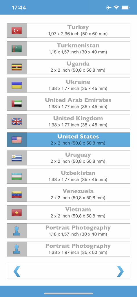 Biometric Passport Photo - Mobile app interface showing a list of passport photo size requirements for different countries