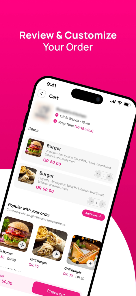 Barez - Tela do aplicativo móvel para revisar e personalizar pedidos de comida para levar com um botão de checkout.