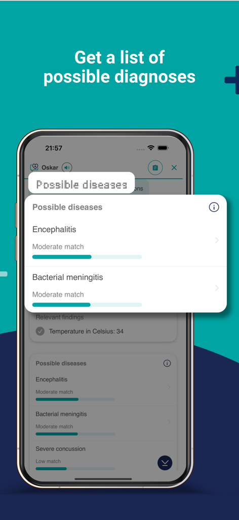 mymediktor - Symptom Checker - Screenshot of the mymediktor app displaying a list of possible diagnoses and disease matches.