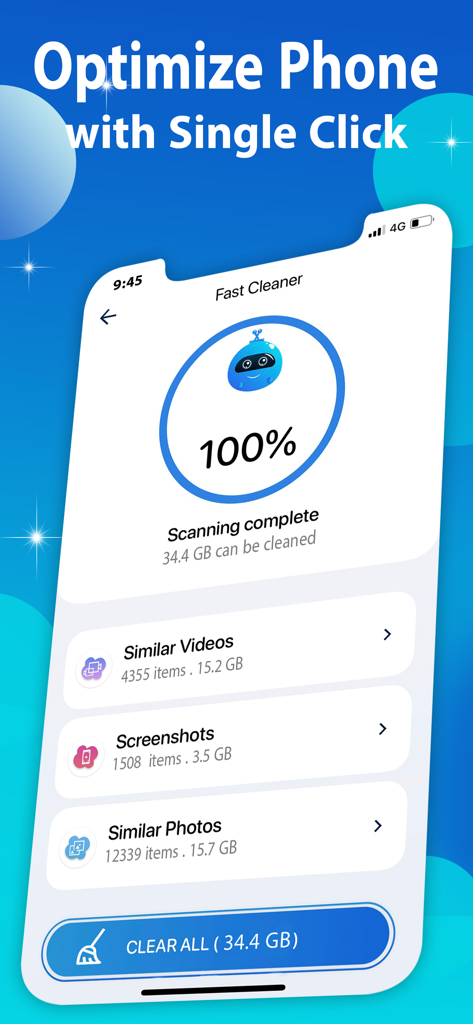 Boost Cleaner -Clean Up Smart° - Boost Cleaner app interface showing scan results for similar photos and videos with a clear all button