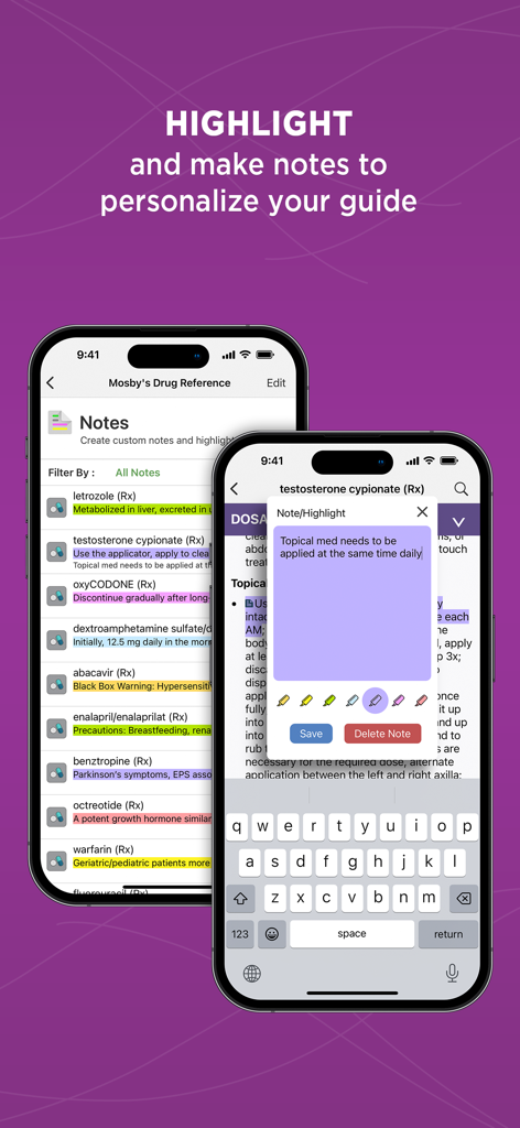 약물에 대한 노트 및 강조 표시 기능을 보여주는 Mosby's Drug Reference 앱 인터페이스.