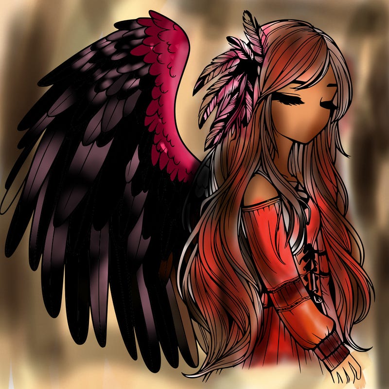 realistic girl with bird wings and some feathers in her hair
