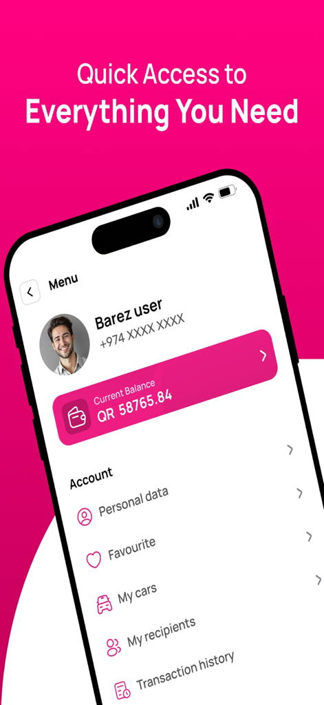 Barez - Tela de perfil do usuário do aplicativo móvel Barez mostrando saldo atual e opções de gerenciamento de conta.