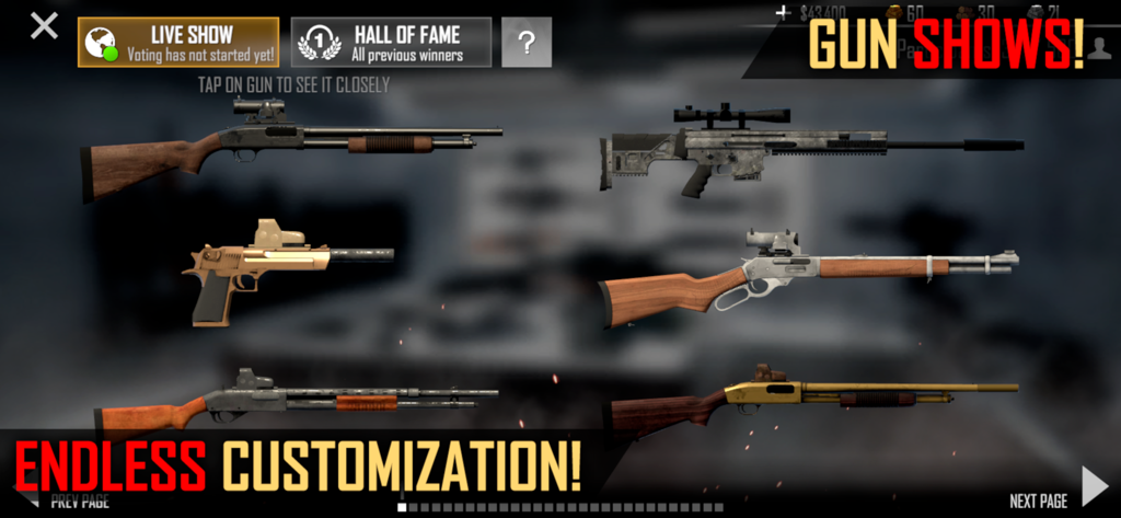 American Marksman - A display of various customized hunting rifles and shotguns in the American Marksman gun show menu