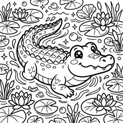 Discover the charm of our Kawaii Crocodile coloring page, featuring a friendly gator swimming amidst a beautiful water scene. This delightful design is perfect for all ages looking to add a splash of cuteness to their day.
