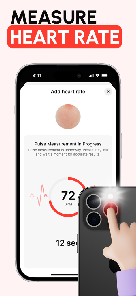 Blood Pressure. Health Monitor - An iPhone screen showing a heart rate measurement in progress using the smartphone camera