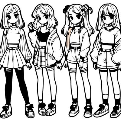 one girl with crop-top shirt and a jacket with a skirt, long socks and another girl with a shirt and pants with a jacket