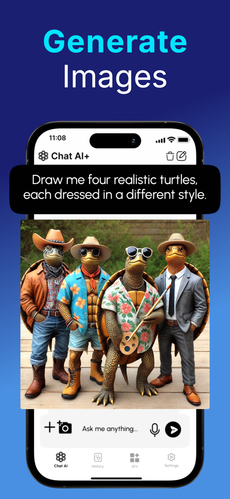 Chat+ AI: Safe & PIN-Protected - Mobile app interface showing an AI generated image of four turtles in different outfits from a text prompt.