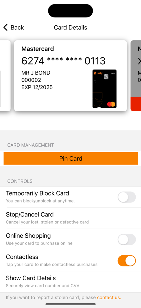 Unity Money NZ - Mastercard details and security control settings in the Unity Money NZ banking app