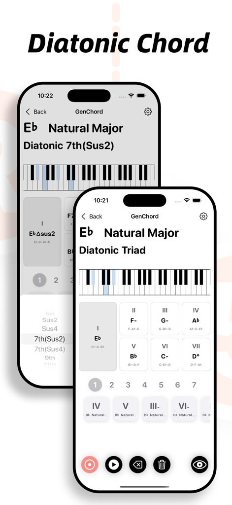 A screenshot of the GenChord app displaying diatonic triads and seventh chords for the Eb Natural Major scale on an iPhone interface.