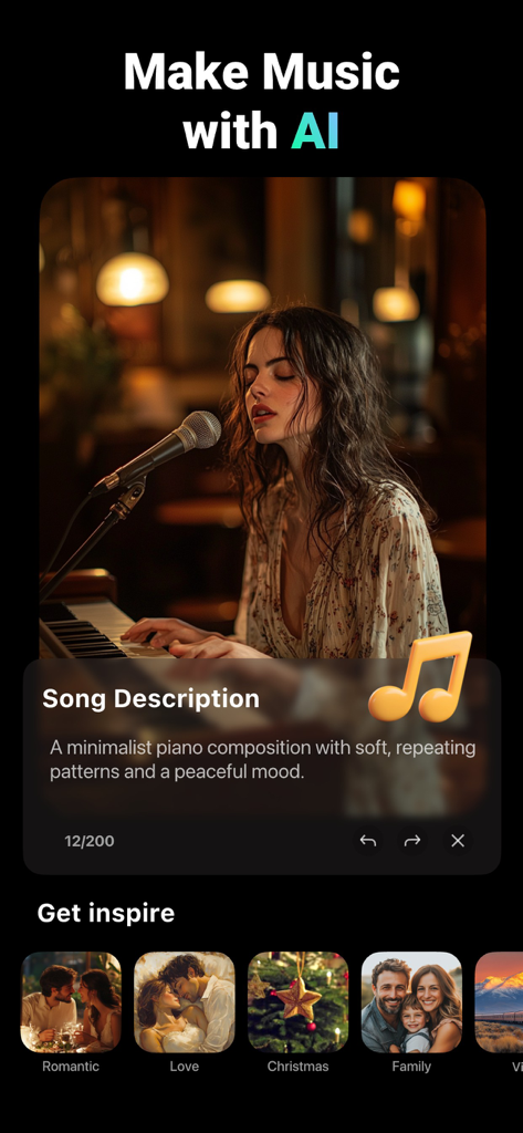 A mobile interface of the VideoShow app showing the AI music generation feature with text-to-music prompts and various style categories.