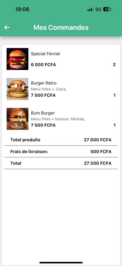 Bring Me Sénégal - Mobile app screenshot showing an order summary for food delivery in Senegal including burgers and delivery fees.