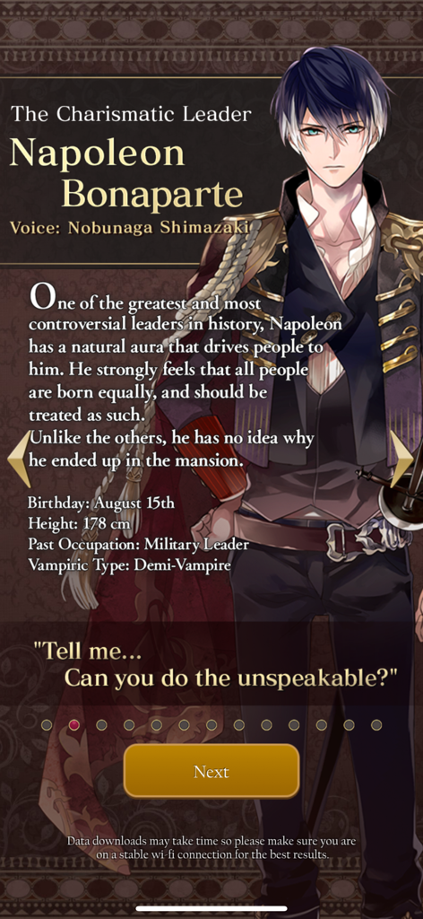 Ikemen Vampire Otome Gam‪e - Pantalla de perfil del personaje para Napoleón Bonaparte en Ikemen Vampire Otome Game, con arte de anime y detalles biográficos.