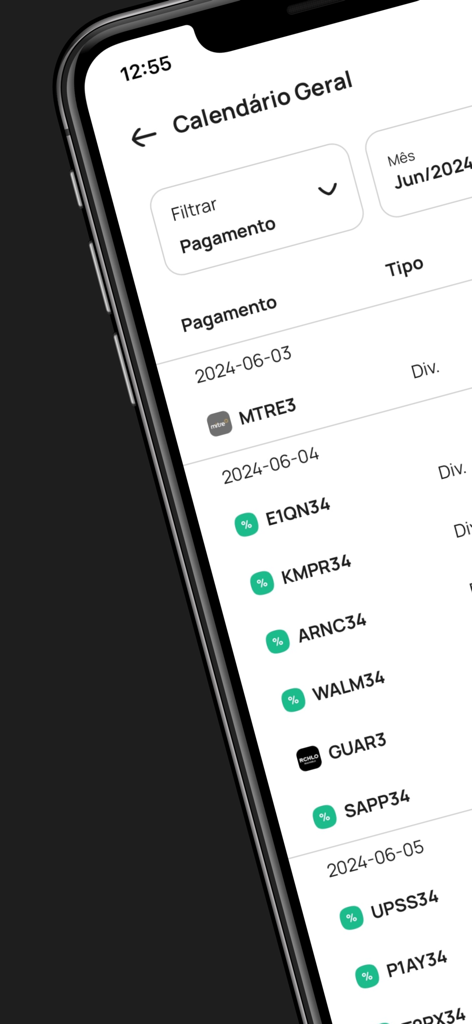 Planeo - L'interface de l'application Planeo montrant un calendrier financier chronologique avec une liste de paiements et des tickers d'actifs comme MTRE3 et WALM34