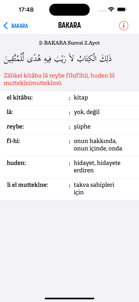 İkra Kuran Meal Uygulaması - Word by word Turkish translation of a Quran verse in the Ikra Kuran Meal app