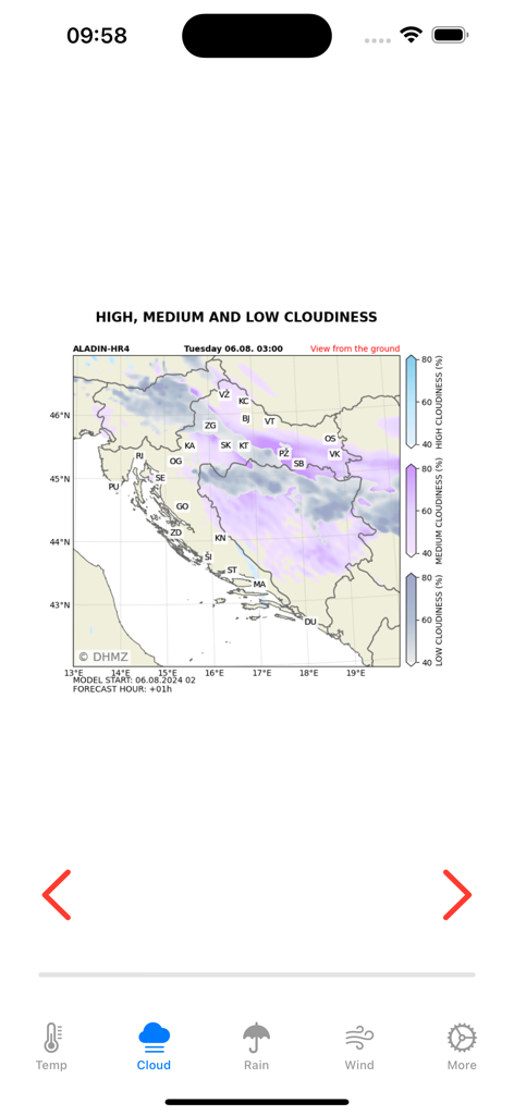 Captura de pantalla de la aplicación CroForecast mostrando un mapa con el pronóstico de nubosidad para Croacia