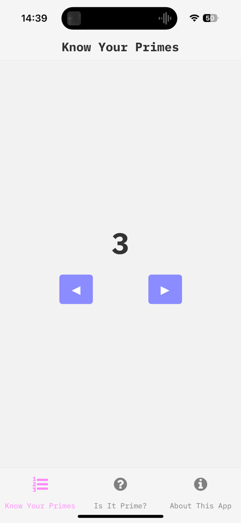 Numberus Primeアプリのインターフェース。素数「3」と学習用のナビゲーション矢印が表示されています。