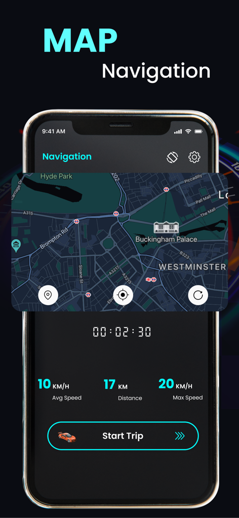 Interface of the GPS Speedometer app showing a dark map navigation screen with trip statistics like speed and distance