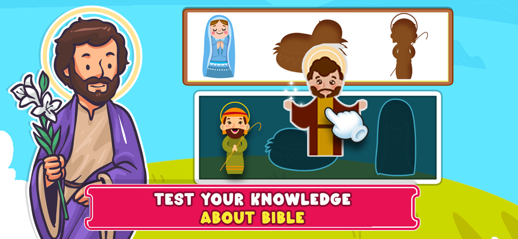 Bible Puzzles and Games - A children educational Bible game interface showing a character matching puzzle with Saint Joseph and Mary