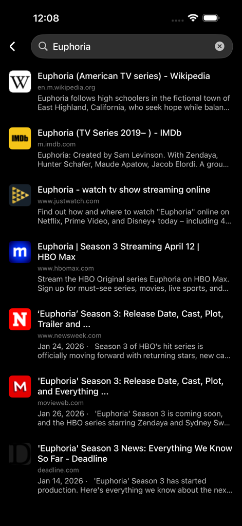 Seekee AI ChatBot - Resultados de búsqueda de la serie de TV Euphoria mostrando información de múltiples fuentes web dentro de la aplicación Seekee AI.