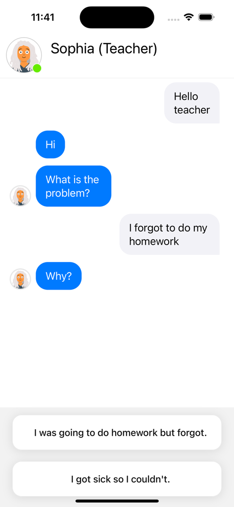 Chat Master: Texting Game - A screenshot of the Chat Master mobile game showing a text conversation with a teacher where the player chooses between two responses about missing homework.