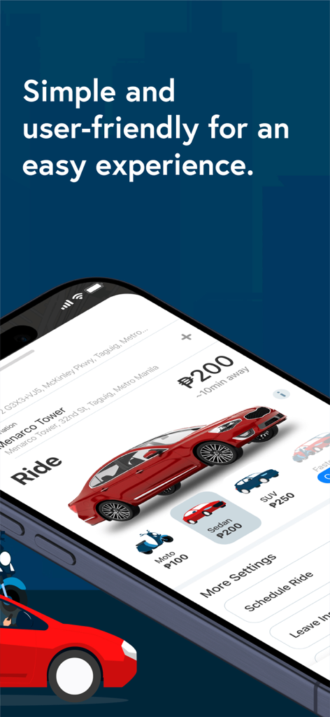 Xpress - Moto & Car Taxi - Smartphone screen of Xpress app showing moto and car taxi ride options and prices in Manila