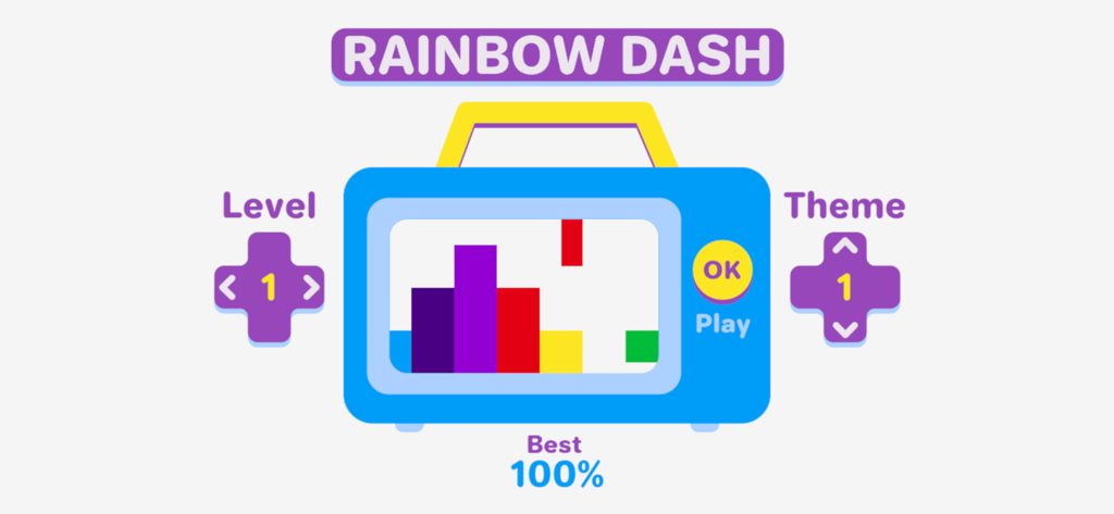 Main menu screen for Rainbow Dash Color This World showing level and theme selection