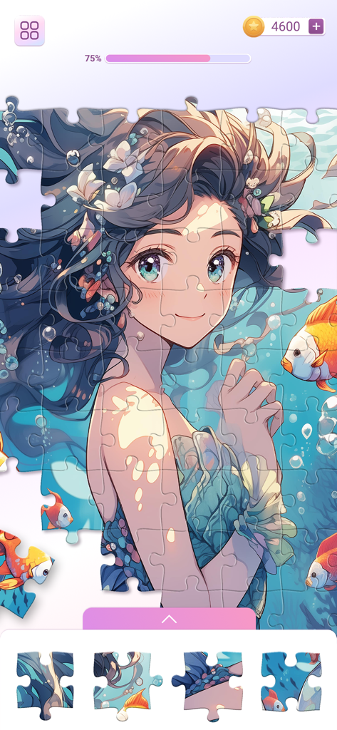 Anime Games: Jigsaw Puzzle - Gameplay of an anime jigsaw puzzle showing a partially completed underwater scene with an anime girl and goldfish