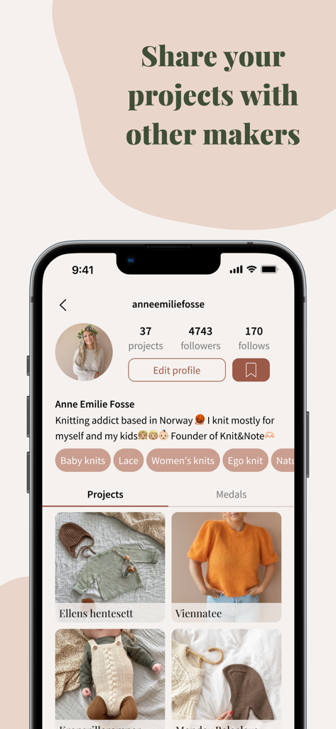 Knitandnote: Knitting App - A user profile in the Knitandnote app showing a collection of knitting projects and social engagement stats.